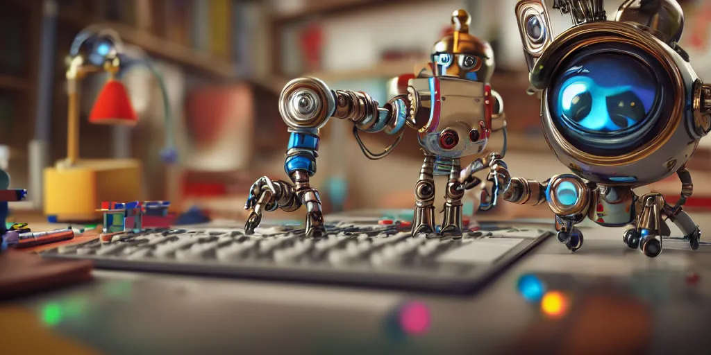 Image similar to closeup portrait of tin toy retro robot developper programming in a computer lab, depth of field, zeiss lens, detailed, centered, fashion photoshoot, by nicoletta ceccoli, mark ryden, lostfish, breathtaking, 8 k resolution, extremely detailed, beautiful, establishing shot, artistic, hyperrealistic, octane render