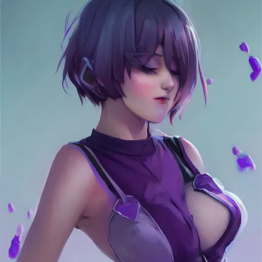 Image similar to attractive girl tomboy, beautiful appearance, low angle shot, short purple hair, bottom view from below, cute horns, purple skin, full body shot close up, hot slim figure, visible stomach, juicy legs, thicc thighs, perfect face, symmetric eyes, digital art by greg rutkowski, pixiv, instagram, realistic cute