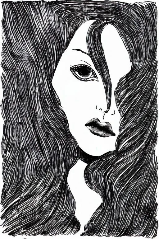 Image similar to ink lineart drawing of a beautiful woman, doll face, big lips, white background, etchings by goya, chinese brush pen, illustration, high contrast, deep black tones contour