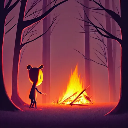 Image similar to goro fujita ilustration a dark forest illuminated by a large cozy bonfire, painting by goro fujita, sharp focus, highly detailed, artstation