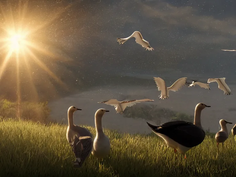 Image similar to geese dreaming of a better life, where no one will harm them, where love conquers all, 8 k, ultra realistic, lens flare, atmosphere, glow, detailed, intricate, full of colour, cinematic lighting, trending on artstation, 4 k, hyperrealistic, focused, extreme details, unreal engine 5, cinematic, masterpiece