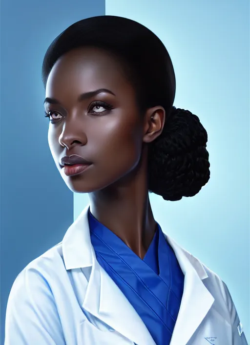 Image similar to full body portrait of young black woman with as a doctor, blue scrubs and white coat, intricate, beautiful and elegant, highly detailed, digital painting, artstation, concept art, smooth, sharp focus, illustration, art by wlop, mars ravelo and greg rutkowski