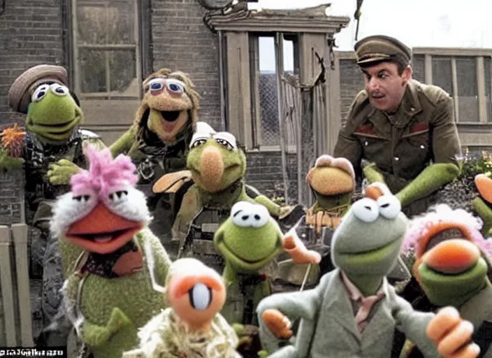 Image similar to dramatic! landing scene from muppet! save private ryan