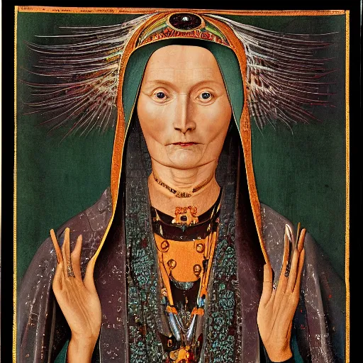 Image similar to A photograph of Hildegard Von Bingen by Richard Avedon, XF IQ4, 150MP, 50mm, f/1.4, ISO 200, 1/160s, natural light, Adobe Photoshop, Adobe Lightroom, DxO Photolab, Corel PaintShop Pro, rule of thirds