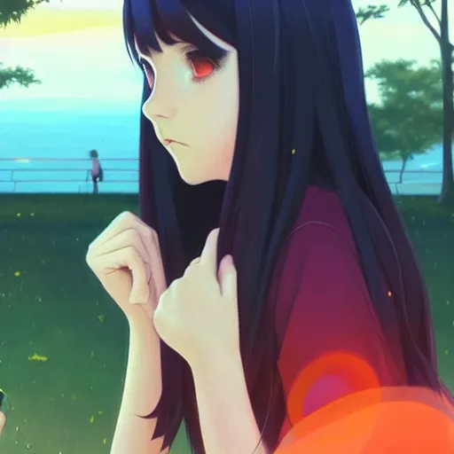 Prompt: a beautiful girl with long dark hair, sitting in the park next to a young boy who has dark hair, sunset, evening, sharp focus, intricate, artstation, official media, anime key visual, highly detailed, rich vivid colors, ambient lighting, illustration, art by Artgerm, Makoto Shinkai, Ilya Kuvshinov, Lois Van Baarle, and Rossdraws