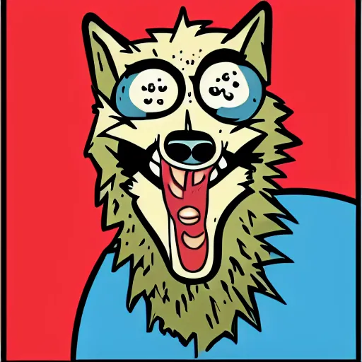 Image similar to portrait of retarded wolf, funny, squint eyes, rabies, propaganda style, vivid colors, poster style, bad art