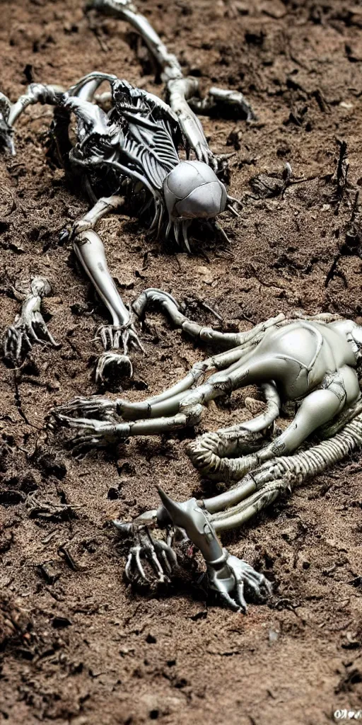 Prompt: bootleg figure of a plastic platinum xenomorph diorama crushed on the ground surrounded of dirt and moss secondhand, dramatic airbrush stormcloud by Luis Royo, mcfarlane, cursed photography, middle shot