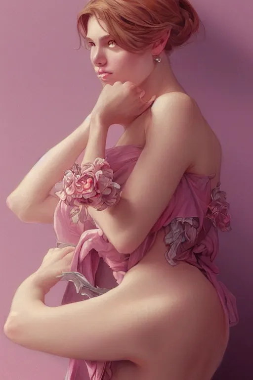 Image similar to ultra realistic illustration, european woman drawing, pink background, elegant, highly detailed, digital painting, concept art, smooth, sharp focus, illustration, art by artgerm and greg rutkowski and alphonse mucha