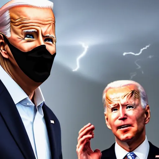 Prompt: Giant Mega Chad Dark Mode Joe Biden looming over a thunderstorm