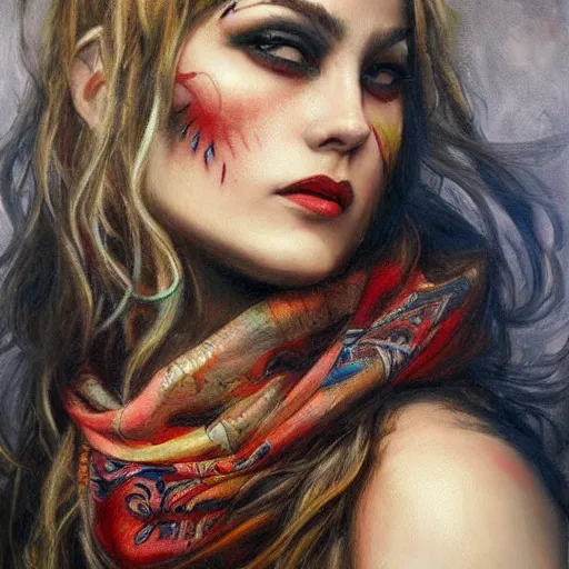 Image similar to photorealistic painting of a female tattooed face with a scarf, gangster, realistic eyes, symmetric face, beautiful bone structure, dark blonde long hair, painting by gaston bussiere