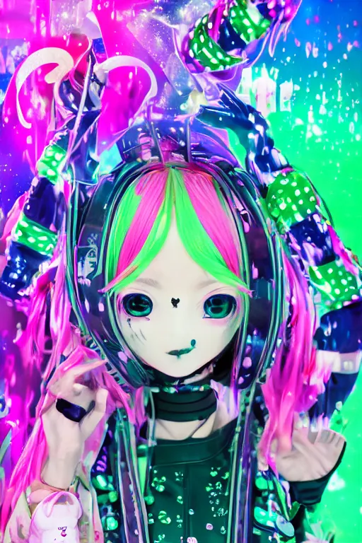 Prompt: cybergoth decora glitchcore yokai girl, sanrio ornaments, pastel cute cinematography | neo hong kong, rainy atmosphere, night time, bright lights, colorful signs, busy streets, high res, kowloon | anime decora gyaru kawaii fashion model, v tuber, darling in the frank,asuka, anime best girl, with glitch and scribble effects, psychedelic colors, 3d render octane, by wlop, wenjr, beeple, artstation,imaginefx