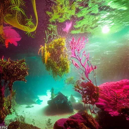 Image similar to dreamlike film photography of a rainforest undergrowth at night underwater in front of colourful underwater clouds by Kim Keever. In the foreground floats a seasnake. low shutter speed, 35mm