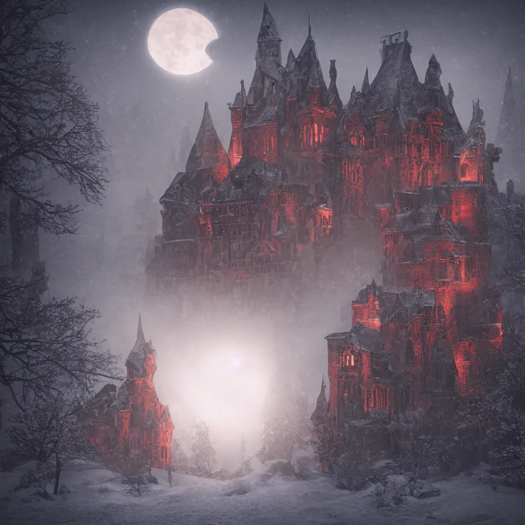 Image similar to gothic castle in the style of aetherpunk, a snowy street, huge red moon, global illumination, smoke, detailed and intricate environment, mysterious