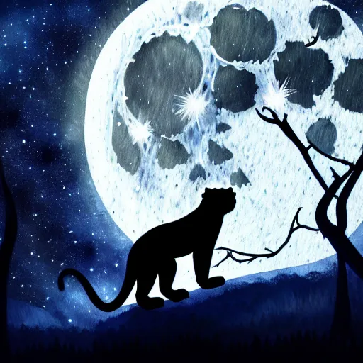 Image similar to a panther roaring at the moon in a forest during the night, large moon in the center. high quality. artistic. illustration. 4 k. cinematic. photoreal. highly detailed. dramatic. dark colors. night.