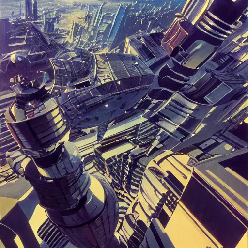 Image similar to aerial view of a science-fiction cityscape, cinematic angle, cinematic lighting, blue sky, sun in the sky, by Syd Mead, John Harris, Federico Pelat