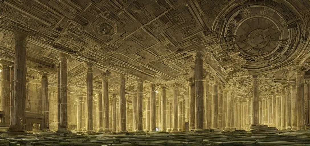 Image similar to Interior Gigantic Greek Temple completely covered in green lychen. Wires, Diodes, Cables, in the graphic style of Patrick Gleason and SANA TAKEDA artstation, hyper detailed, high detail, Zbrush, trending on artstation, trending on artist, beautifully lit, glow, cinematic, soft light, HDR, detailed, photorealistic, volumetric, intricate, high detail, realistic, photo-bash, 8k symmetric Beautiful comic art