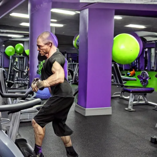 Prompt: frankenstein monster working out at planet fitness