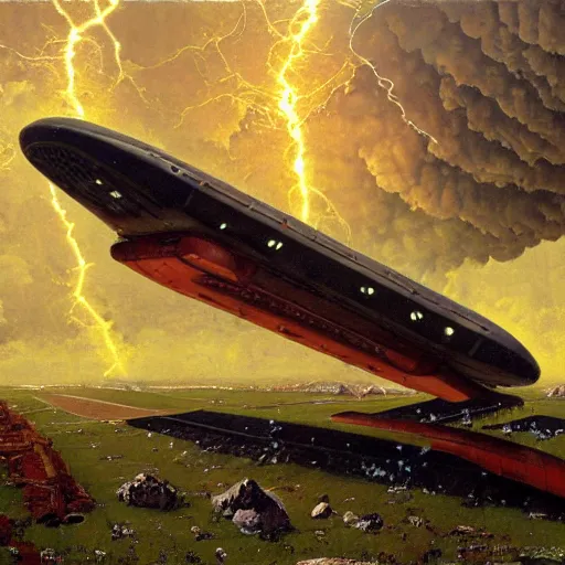 Image similar to a roman spaceship, stuck in the ground, the spaceship is on fire, smoke, rainstorm, lightning, angry, kinetic, adolphe bouguereaum, norman rockwell, trending on artstation, highly detailed oil painting,