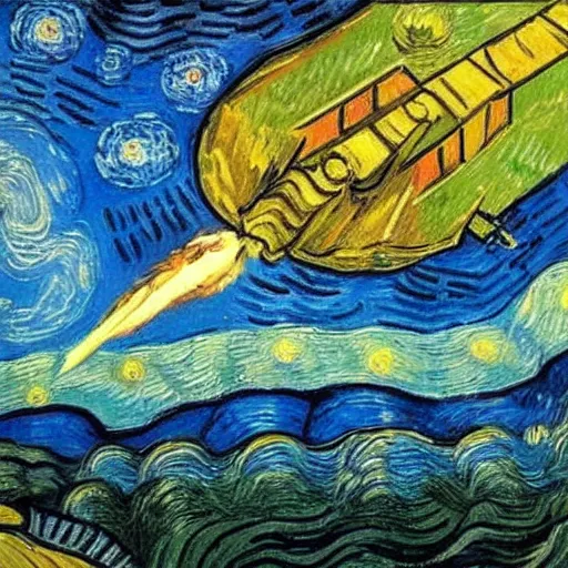 Image similar to a painting of a space ship launching by van gogh