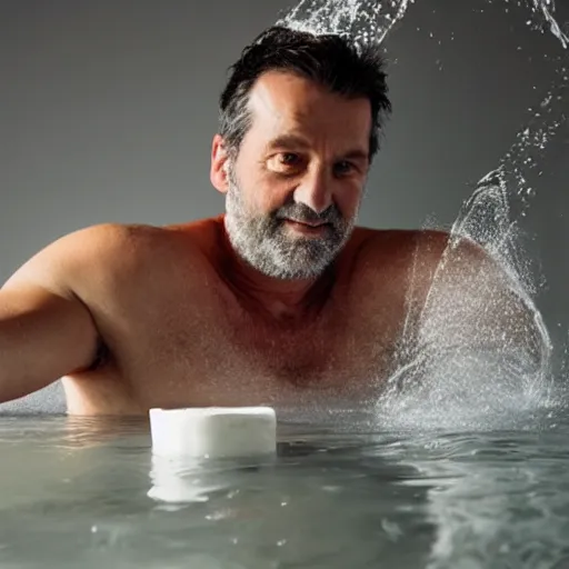 Image similar to handsome middle aged man bathing in milk
