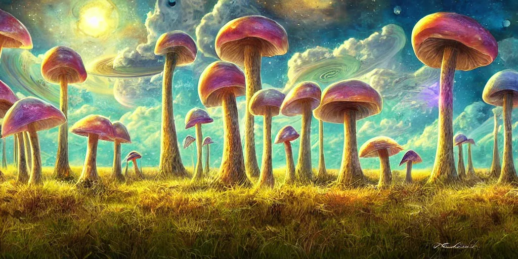 Image similar to spaceport fantasy meadow mushroom lattice, award winning art, epic dreamlike fantasy landscape, art print, science fiction, ultra realistic,