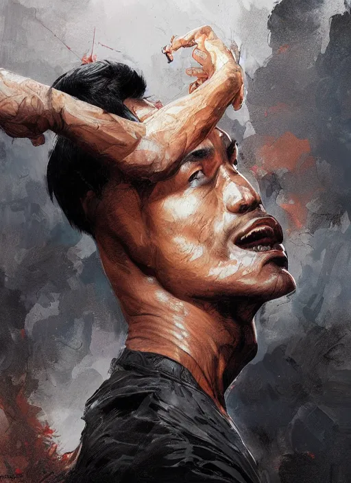 Prompt: Portrait of Bruce Lee, marvel comics, dark, intricate, highly detailed, smooth, artstation, digital illustration by Ruan Jia and Mandy Jurgens and Artgerm and Wayne Barlowe and Greg Rutkowski and Frank Frazetta