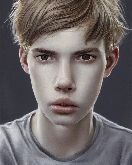 Image similar to portrait of 1 5 - year - old boy, a tall, slender boy with a pale, pointed face, white - blond hair, cold grey eyes, wearing in shirt hyper realistic face, beautiful eyes, fantasy art, in the style of greg rutkowski, intricate, hyper detailed, smooth