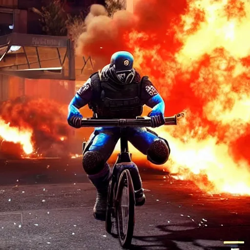 Prompt: Montagne from Rainbow Six Siege riding a bike leaving behind a trail of flames and explosions
