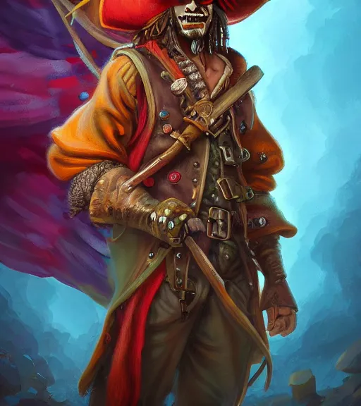 Prompt: pirate in a technicolour suit made of mushrooms, deep focus, fantasy, intricate, highly detailed, digital painting, artstation, matte, sharp focus, illustration, art by clint cearley