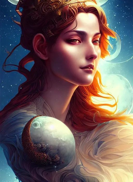 Image similar to portrait of artemis, goddess of the moon, digital art by artgerm and karol bak, android jones and atey ghailan