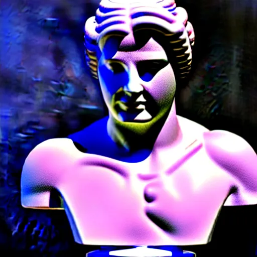Image similar to 3 d sci - fi cgartist rendering of a hyper realistic marble greek statuary bust floating at the vast pulsating interdimensional fractal space portal at the psychedelic vaporwave event horizon directed by col price, trending on artstation