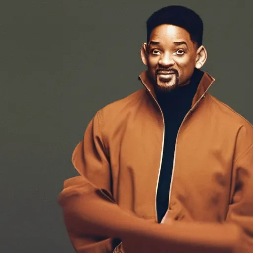 Prompt: will smith wearing running pants, a turtleneck, a zip up windbreaker, a brown coat and fingerless black gloves, photo, film grain