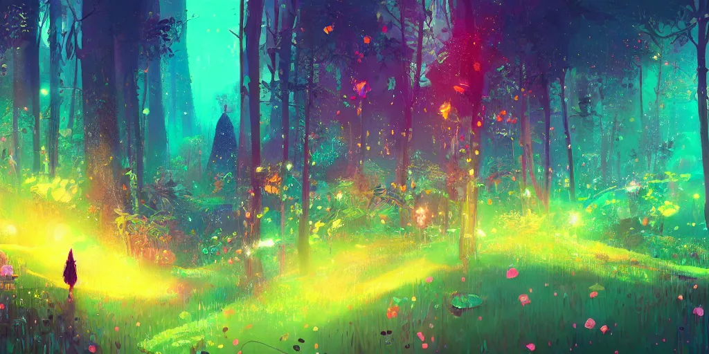 Prompt: magic fairy forest, beautiful macro close-up imagery, vibrantly lush neon lighting, beautiful volumetric lighting, , intricate details, photorealistic imagery, illustration by pascal campion, trending on artstation,