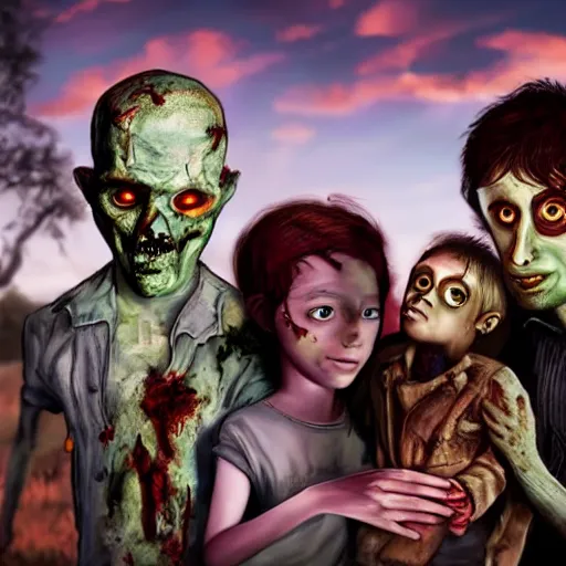 Image similar to a handsome young zombie family with a demonic young boy, scene from a future world where nanotechnology is ubiquitous