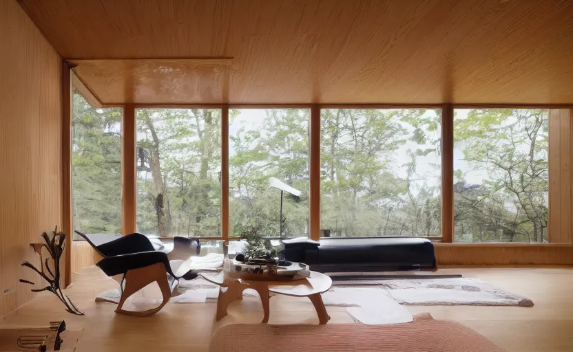 Image similar to luxurious wooden cottage by alvar aalto, modern japanese living room, japanese flower arrangements, coherent composition, architecturally accurate, architecture photography