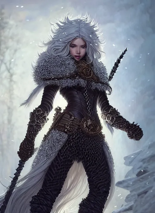 Image similar to fur coated armor!!! long wild white hair!! covered chest!!! fantasy, d & d, intricate ornate details, symmetry, concept art, sharp focus, illustration, art by artgerm! greg rutkowski magali villeneuve wlop! ilya kuvshinov!!, octane render, unreal engine 5, highly rendered!!