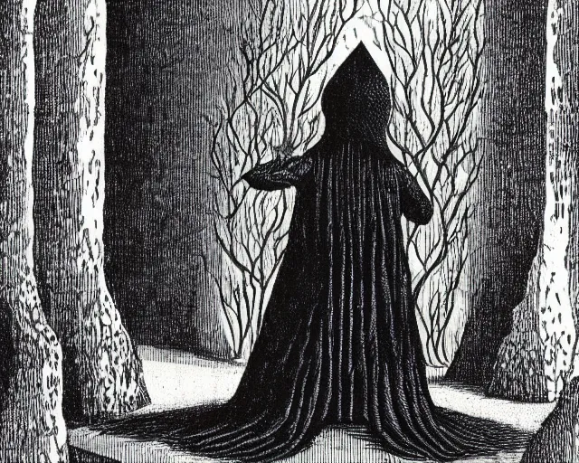Prompt: dark mage stands before the keep of poisoned tears by edward gorey,