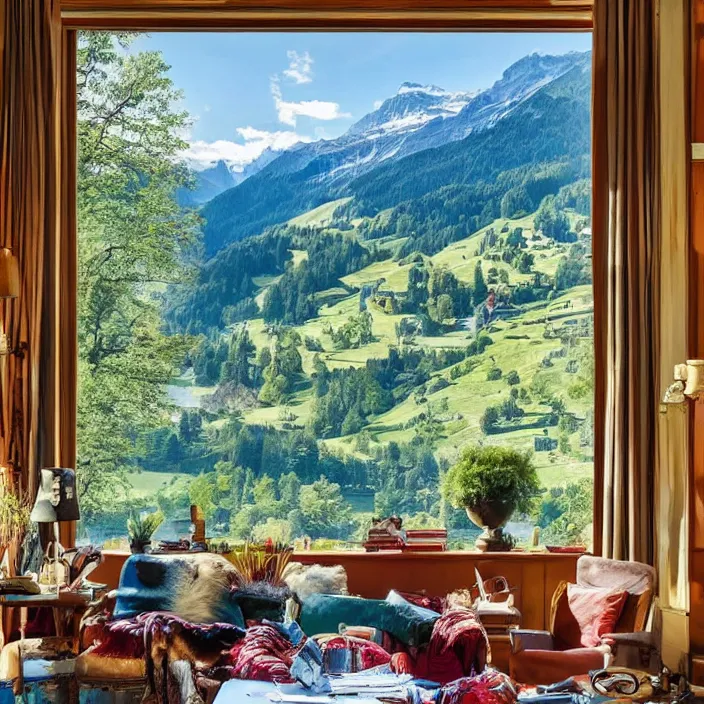 Prompt: photo of a fantastical living room with switzerland landscape in the window in the style of maximalism