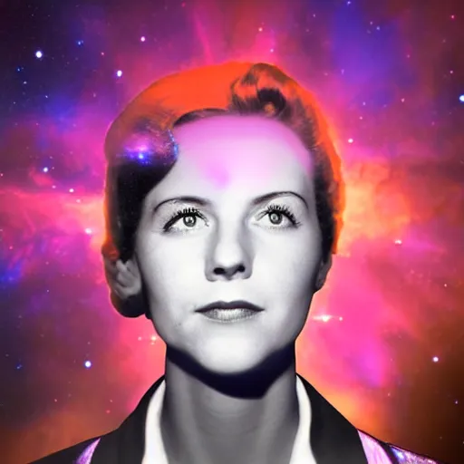 Image similar to modern double exposure monochrome head shot portrait of a female wwii pilot over a brilliant iridescent nebula. orange, pink, purple color ombre.