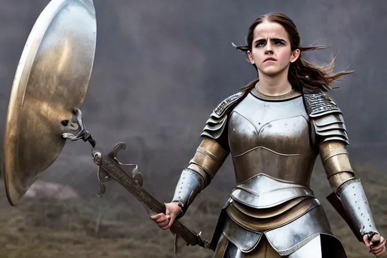 Image similar to promotional image of Emma Watson as Joan of Arc in the new movie directed by Ridley Scott, full suit of gilded plate armor, movie still, promotional image, imax 70 mm footage