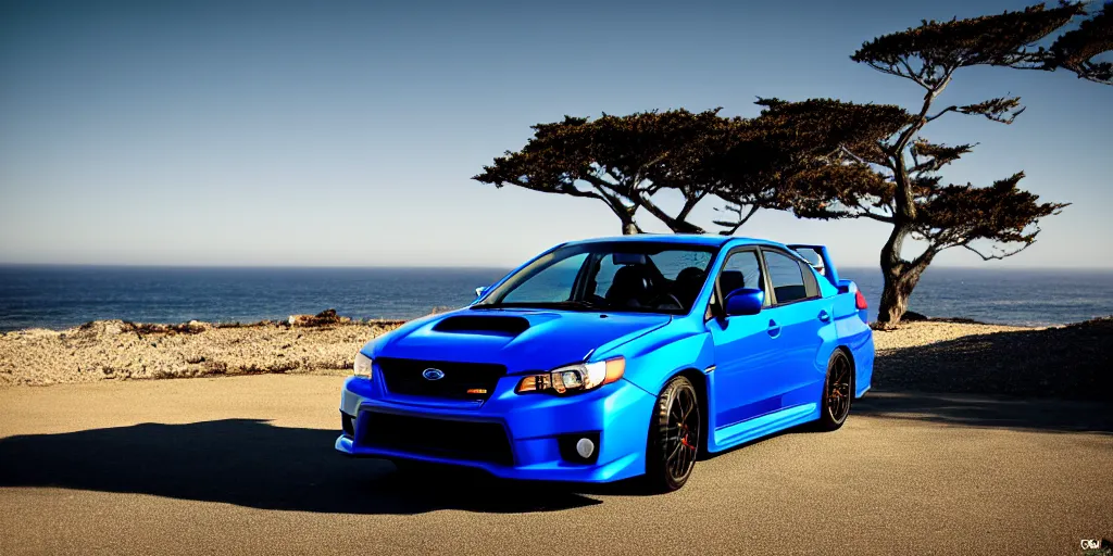 Prompt: photograph, 2011 Subaru WRX STi, hatchback, cinematic, california coast, ocean view, 8k, depth of field, bokeh.