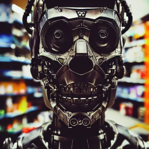 Image similar to photo of a cyborg!! in sale, in a store display, hiding a dark secret, highly detailed face, expressive face, cyberpunk, year 3022, medium full shot, depth of field, ISO 300, aperture f11, 1/100 obturation speed