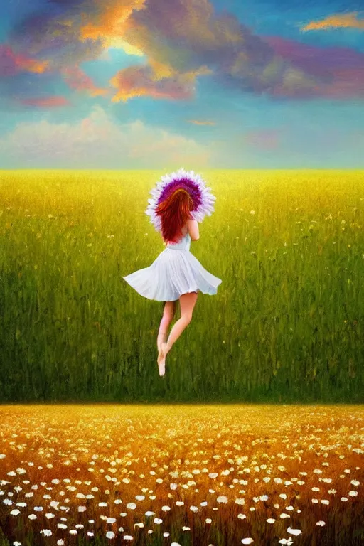 Image similar to large white daisy flower as head, girl dancing in a flower field, surreal photography, sunrise, dramatic light, impressionist painting, colorful clouds, digital painting, artstation, simon stalenhag