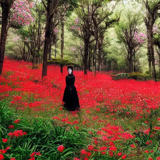 Prompt: black haired girl in victorian clothing surrounded in a forest full of red spider lily flowers on a semi-cloudy day, 4k detailed