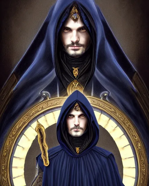 Image similar to handsome mage in front of a giant tellurion, long black hair blue eyes wearing leather mantle gothic navy cloak with gold details, castle town, fantasy character portrait, ultra realistic, intricate, elegant, highly detailed, digital painting, artstation, smooth, sharp, focus, illustration, art by artgerm and greg rutkowski and alphonse mucha