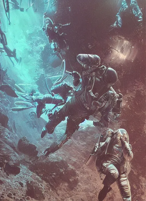 Image similar to astronauts in dark and empty void underwater - complex and hyperdetailed technical suit. reflection and dispersion materials. rays and dispersion of light. volumetric light. 5 0 mm, f / 3 2. noise film photo. flash photography. ultra realistic, wide angle. poster by wayne barlowe, hajime sorayama aaron horkey, craig mullins