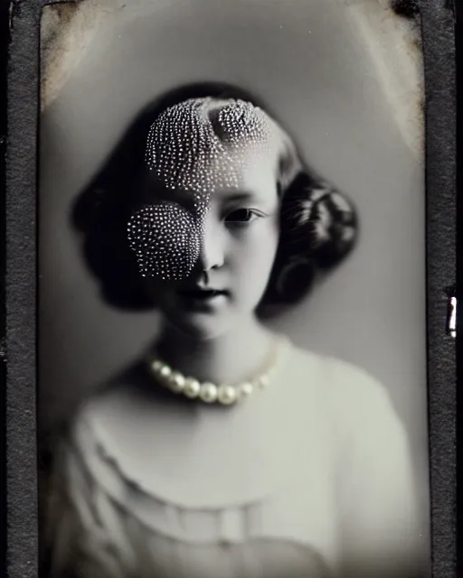 Image similar to [ [ [ [ [ [ tintype ] ] ] ] ] ] black and white dreamy young beautiful veiled female artificial intelligence, realistic pearl ornament in the face, long hair are intricate with highly detailed realistic pearls, cinematic, rim light, bokeh, photo - realistic, elegant, high detail, 8 k, masterpiece, photo taken in 1 9 3 0