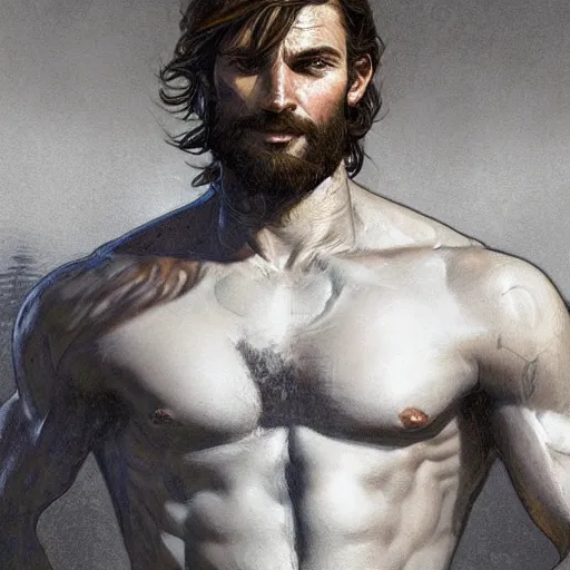 Image similar to portrait of a young rugged ranger, muscular, upper body, hairy torso, D&D, fantasy, intricate, cinematic lighting, highly detailed, digital painting, artstation, concept art, smooth, sharp focus, illustration, art by Artgerm and Greg Rutkowski and Alphonse Mucha