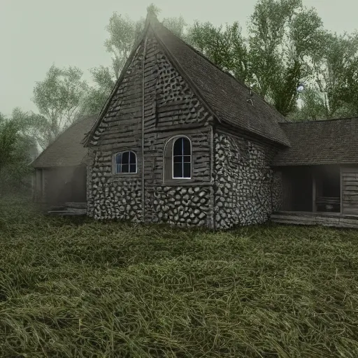 Prompt: render fog highly detailed village house day forest horror fear