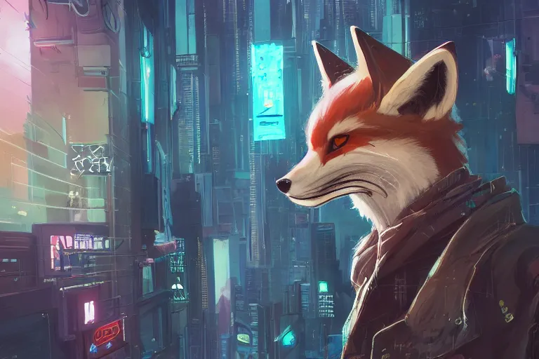 Prompt: an anthropomorphic fox in a cyberpunk city, trending on artstation, by kawacy, neon backlighting, furry art